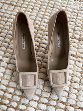 Manolo Blahnik Nude Suede Pointed-Toe Pumps with Buckle
